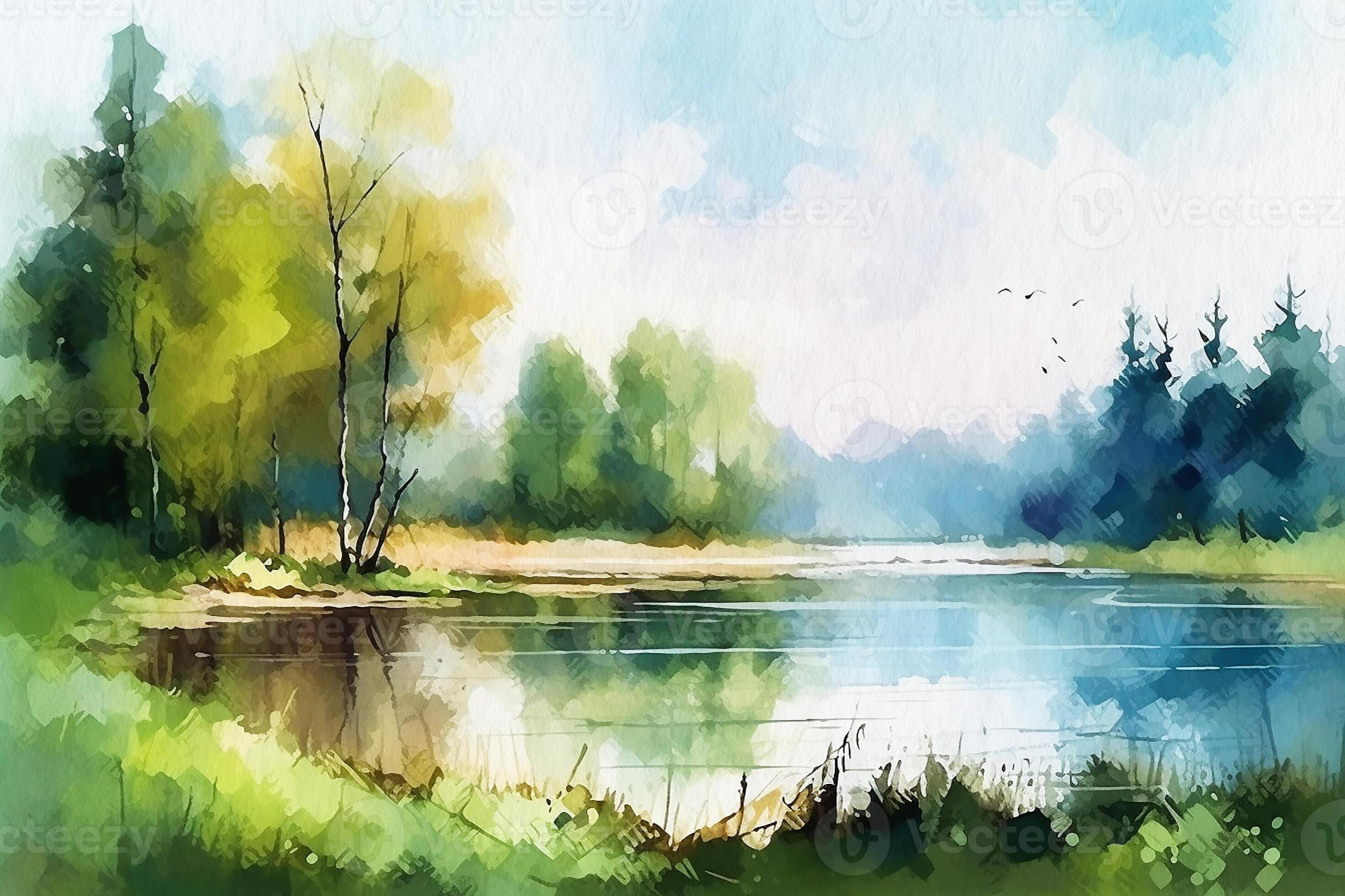 Watercolour landscape of a forest lake with trees and flying birds