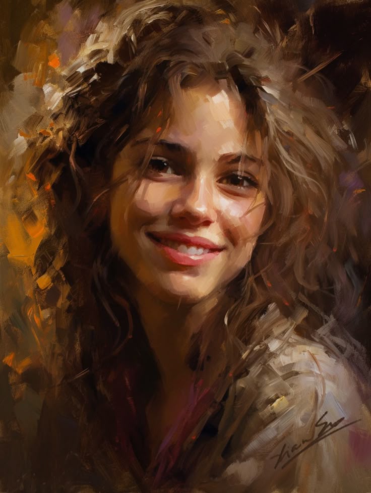 Impressionistic oil painting portrait of a smiling young woman