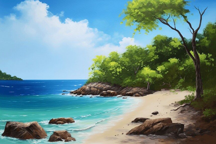 Acrylic painting of a tropical beach with turquoise water, rocks and greenery