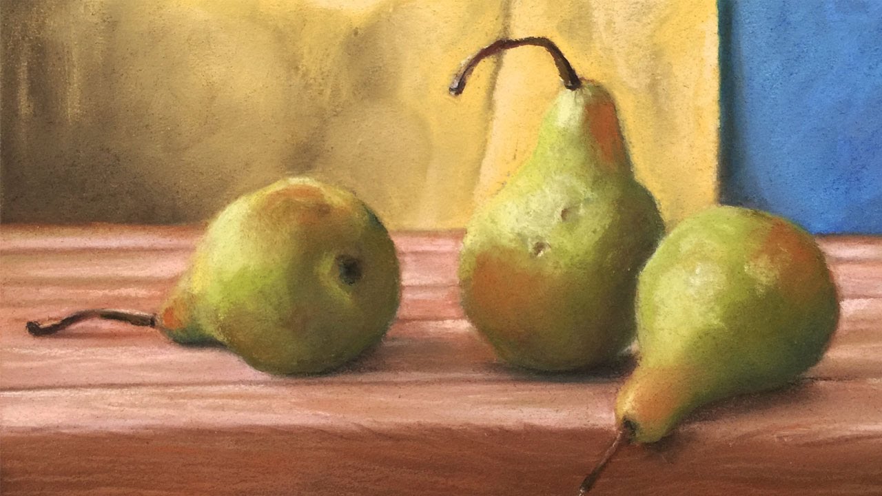 Oil pastel still life of three green pears on a wooden tabletop